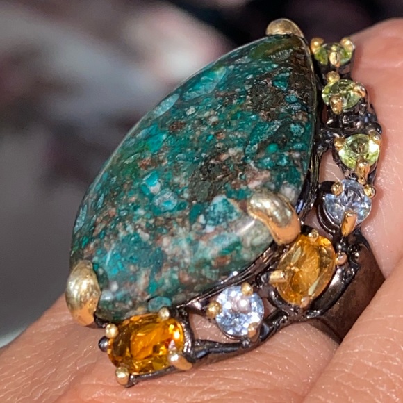 Mysterious Genuine Turquoise Ring with Gemstones - Picture 11 of 17
